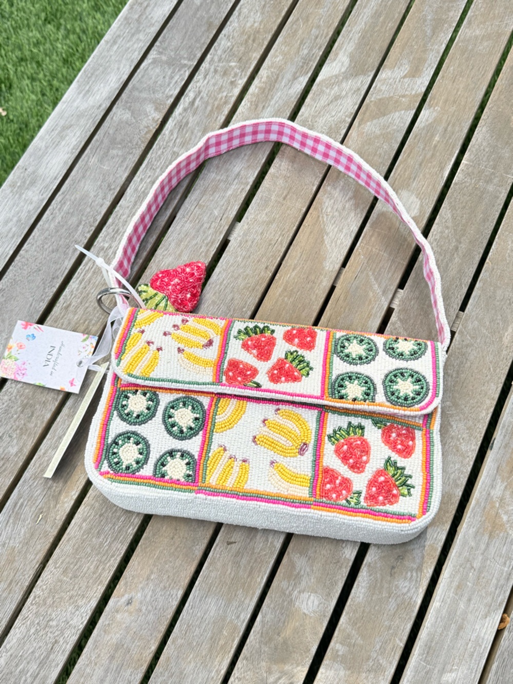 Beaded Fruit Pattern Shoulder Bag - Pink, Yellow, Green